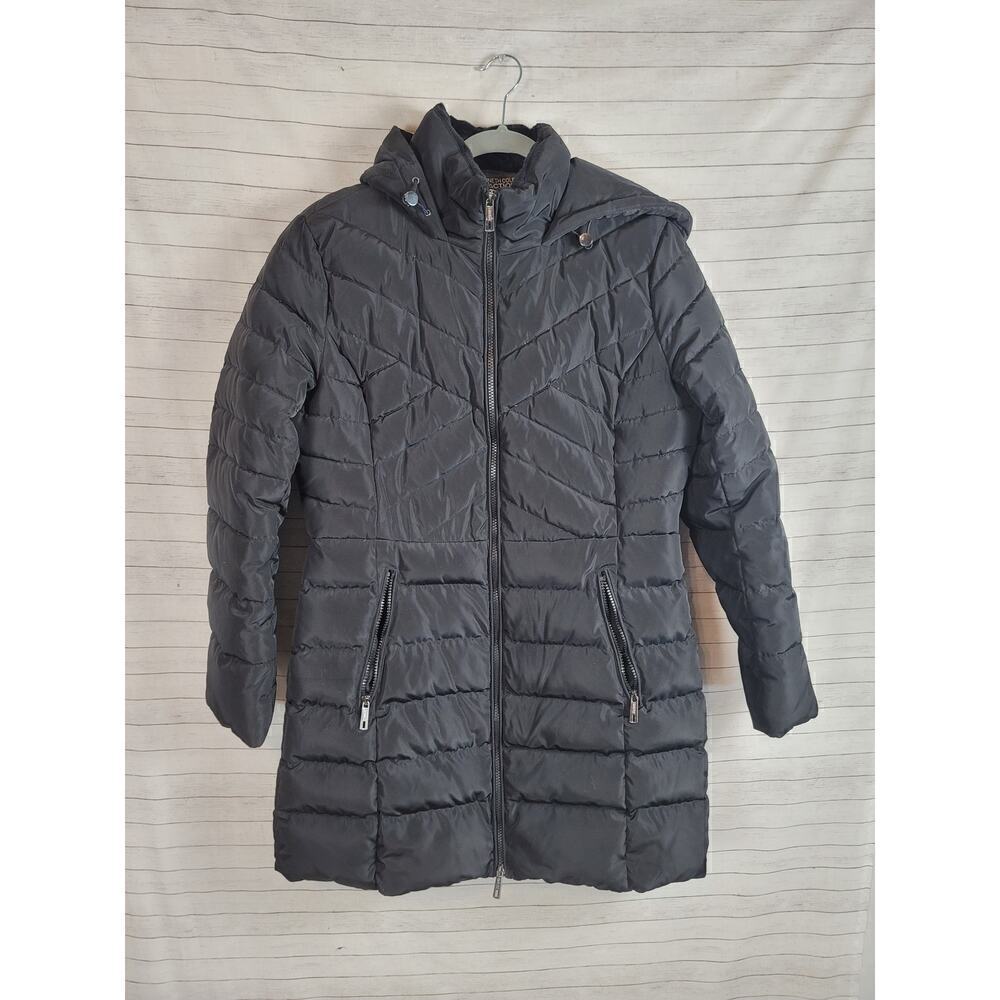KENNETH COLE REACTION DOWN FILLED MIDI  BLACK PARKA, SZ SMALL